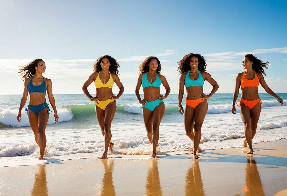 A dynamic beach scene featuring strong women in stylish activewear and colorful bikinis, showcasing different athletic poses. The background includes sun, surf, and sand with vibrant ocean waves lapping at the shore. Incorporate diverse body types and ethnicities to highlight inclusivity in fitness. Bright, inviting colors to capture the essence of summer and activity. super-realistic, vibrant colors, beach setting.